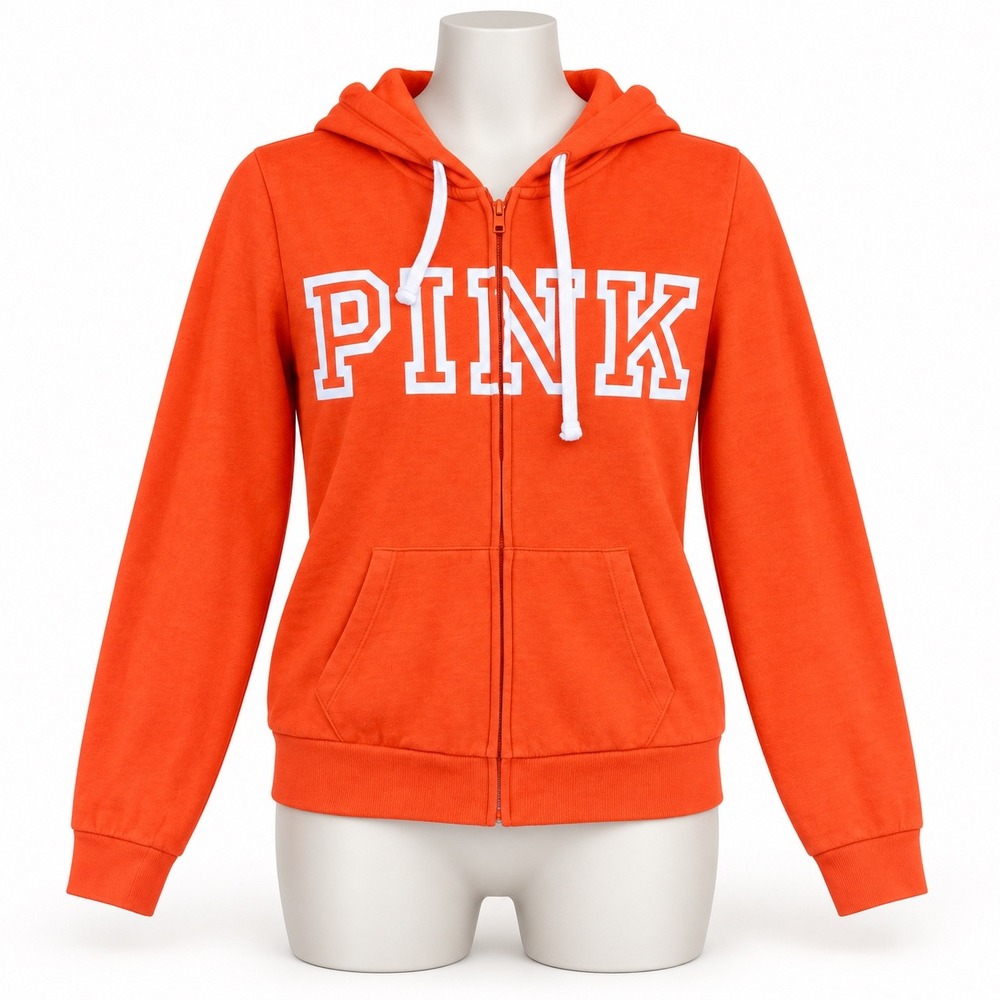 PINK Victoria's Secret Full Zip Hoodie Women Medium Orange Logo Fleece 3795